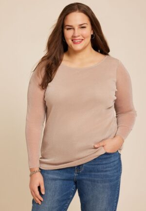 Plus Size Studio Y Shimmer Mesh Long Sleeve Tee
