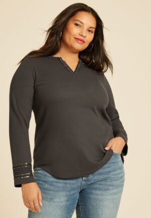 Plus Size Sequin Embellished Waffle Knit Long Sleeve Tee