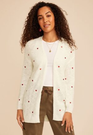 Heart Embroidered Open Front Cardigan