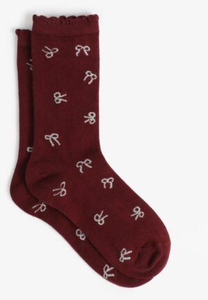 Burgundy Metallic Bow Crew Socks