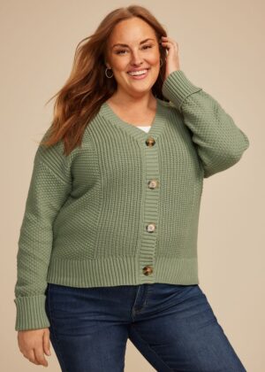 Plus Size Mixed Stitch Button Front Cardigan