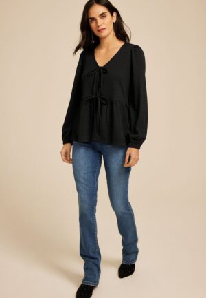 Textured Bow Tie V Neck Top