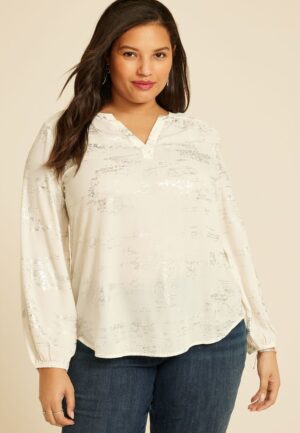 Plus Size Metallic Abstract V Neck Blouse