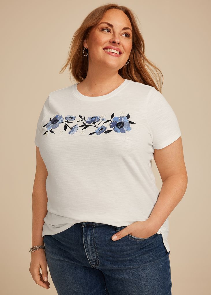 Plus Size Floral Embroidered Classic Fit Graphic Tee - Image 3