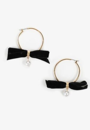 Gold Black Velet Blow Pearl Hoop Earrings