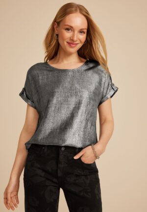 Delton Metallic Zipper Back Blouse