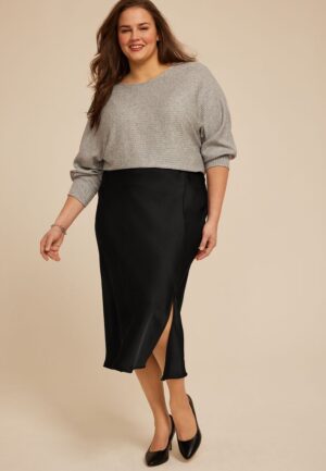 Plus Size Studio Y Satin High Rise Midi Skirt