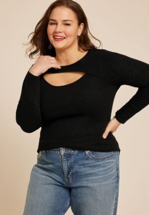 Plus Size Studio Y Shimmer Ribbed Cutout Knit Top