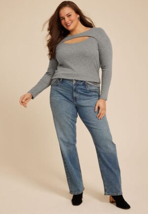 Plus Size Studio Y Shimmer Ribbed Cutout Knit Top