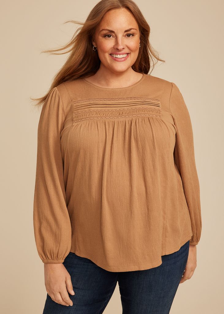 Plus Size Textured Lace Inset Pintuck Blouse