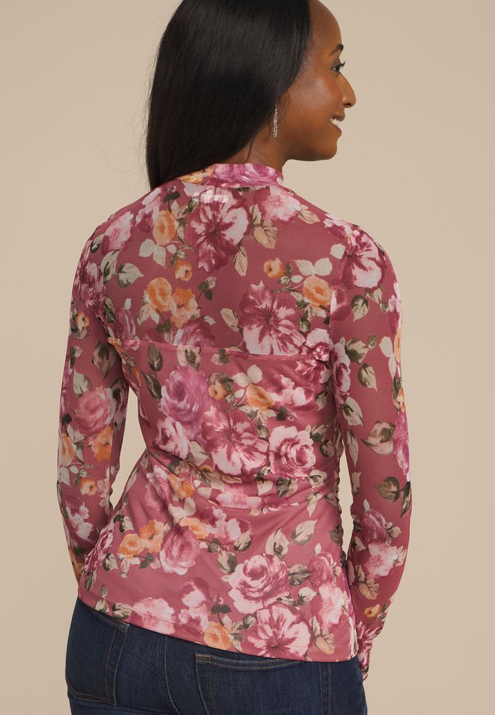 Floral Mesh Mock Neck Blouse - Image 2