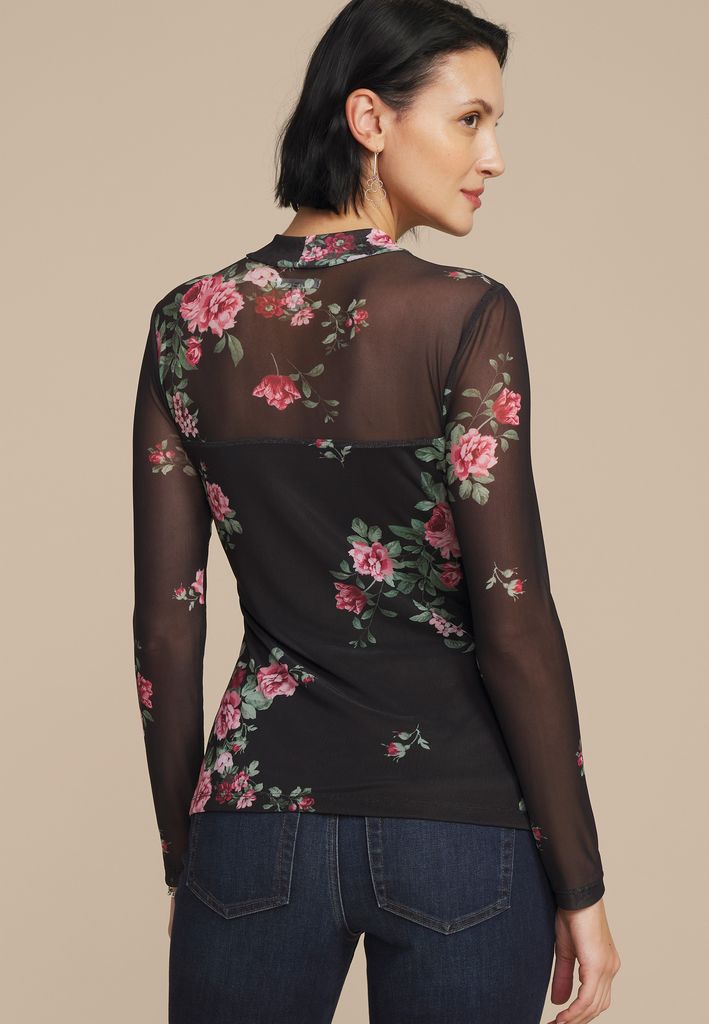 Floral Mesh Mock Neck Blouse - Image 2
