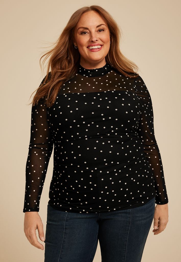 Plus Size Polka Dot Mesh Mock Neck Blouse