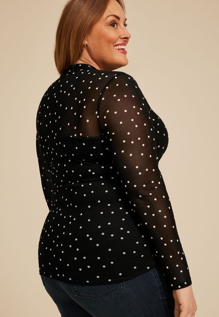 Plus Size Polka Dot Mesh Mock Neck Blouse - Image 2