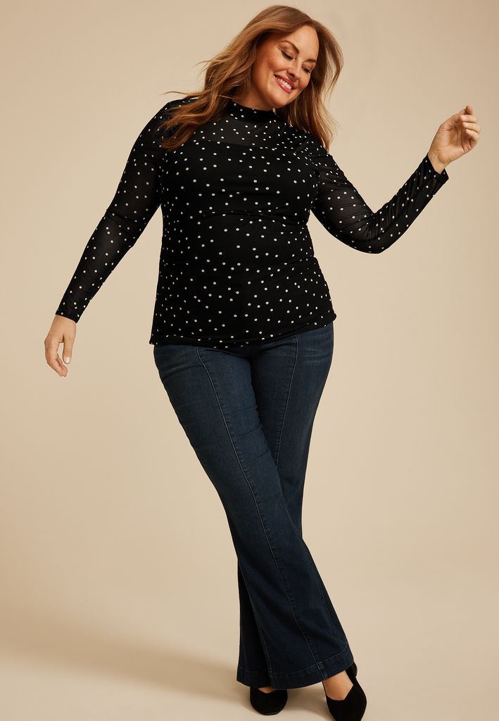 Plus Size Polka Dot Mesh Mock Neck Blouse - Image 3