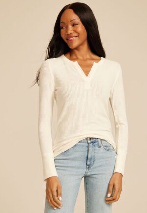 Pointelle Notch Neck Ribbed Long Sleeve Tee