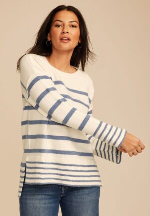 Striped Crew Neck Step Hem Sweater