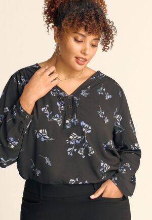 Plus Size Floral Pleated V Neck Button Front Blouse