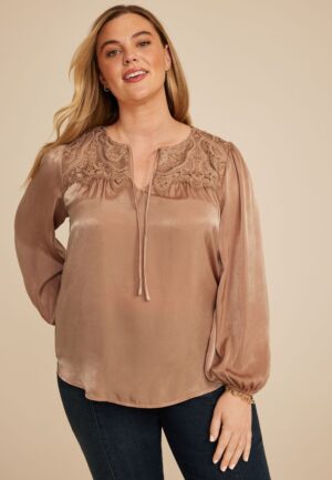 Plus Size Lace Yoke Satin Peasant Blouse