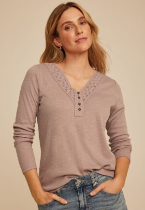 Crochet Yoke Henley Long Sleeve Top