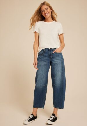 Mid Rise Elastic Waist Barrel Jean