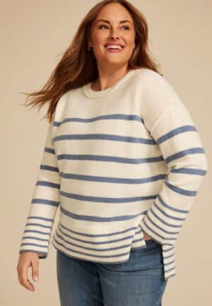 Plus Size Striped Crew Neck Step Hem Sweater