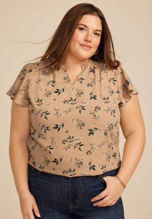 Plus Size Floral Smocked Shoulder Flutter Sleeve Blouse