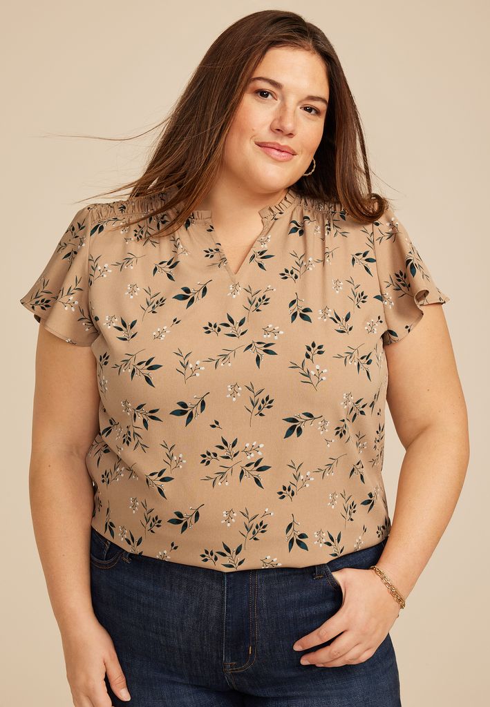 Plus Size Floral Smocked Shoulder Flutter Sleeve Blouse