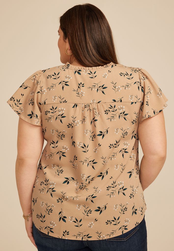 Plus Size Floral Smocked Shoulder Flutter Sleeve Blouse - Image 2