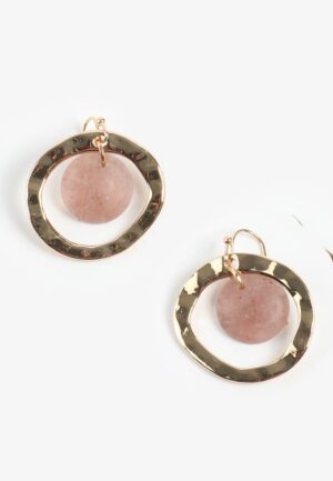 Gold Hammered Pink Stone Hoop Earrings